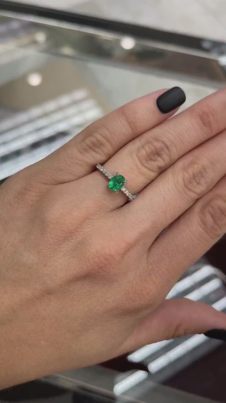 1.49tcw 14K Natural Emerald & Diamond Oval Cut White Gold Engagement Ring Video