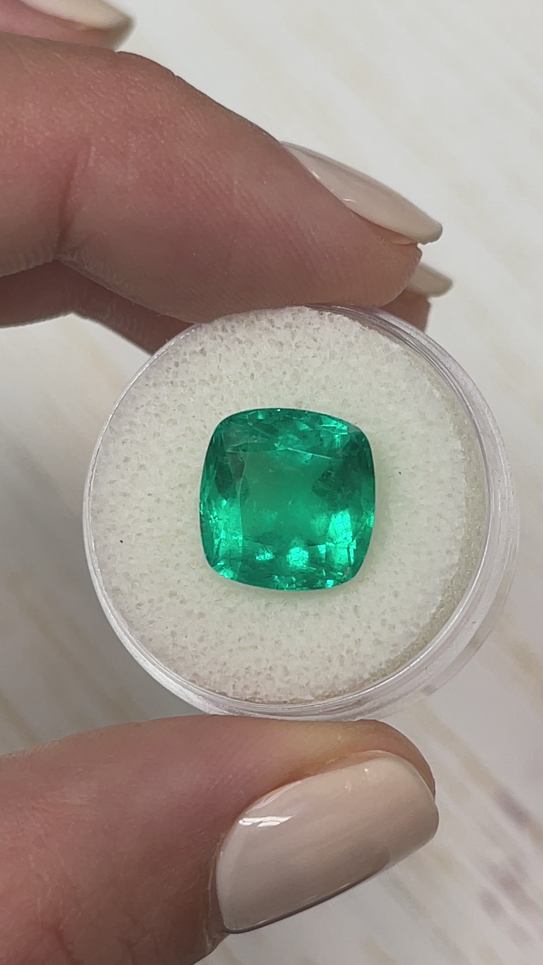 7.98 Carat 12x12 Vivid Bluish Green Natural Loose Colombian Emerald-Rounded Cushion Cut