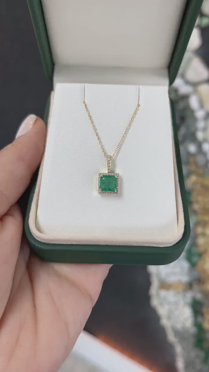 1.80tcw 14K Natural Princess Asscher Cut Emerald & Diamond Halo Gold Pendant Necklace