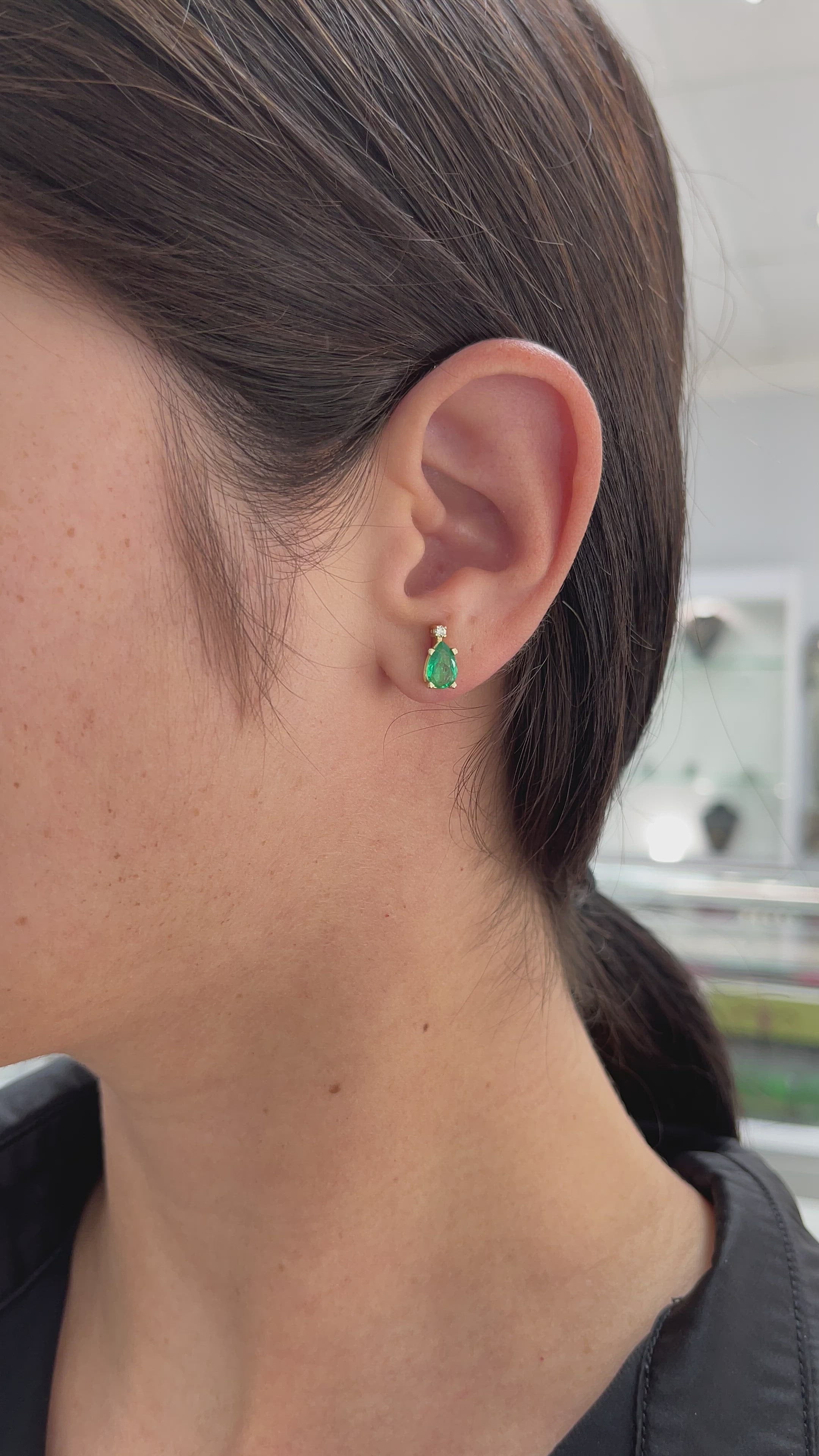 1.41tcw 14K Colombian Emerald-Pear Cut & Diamond Accent Stud Two Stone Earrings