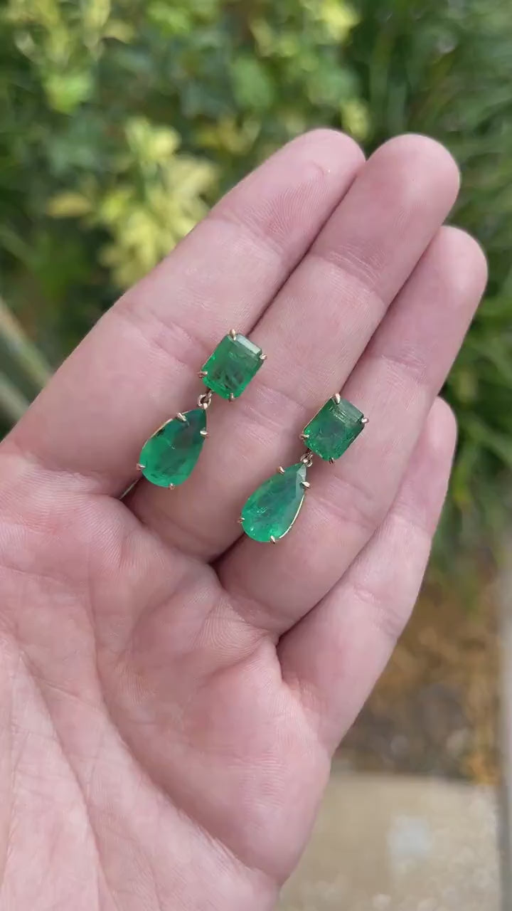 11.26tcw 18K Real Dark Vivid Green Emerald & Pear Cut Dangle Earrings