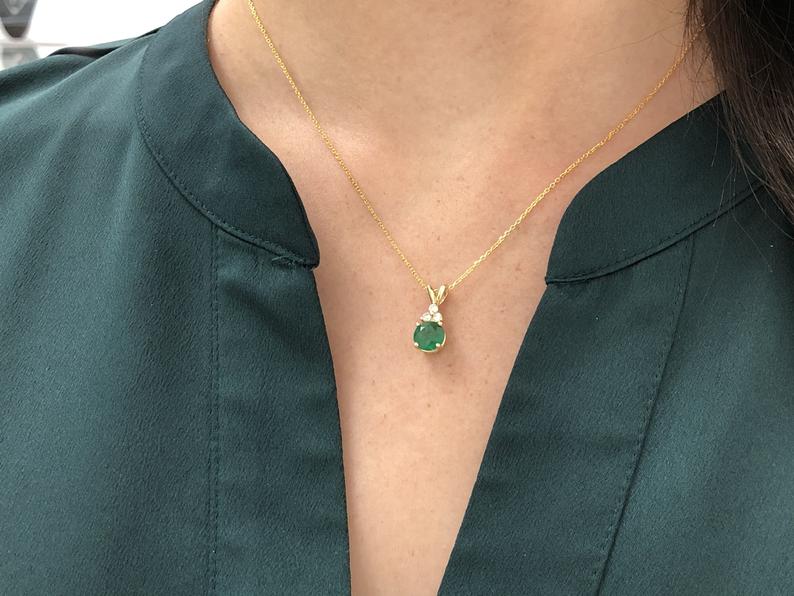  Round Dark Emerald with Diamond Accent Necklace 14K