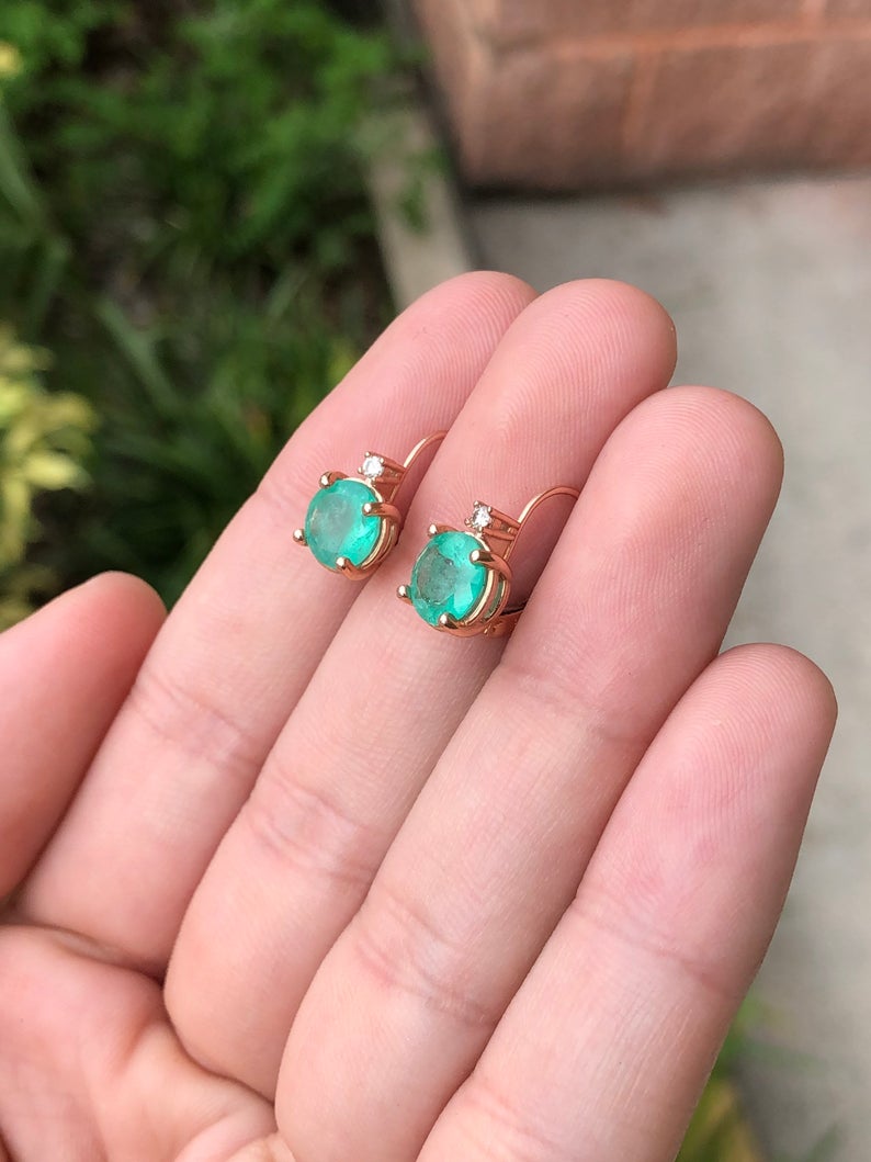 3.10tcw Round Natural Colombian emerald and Diamond Lever Back Earrings 14k