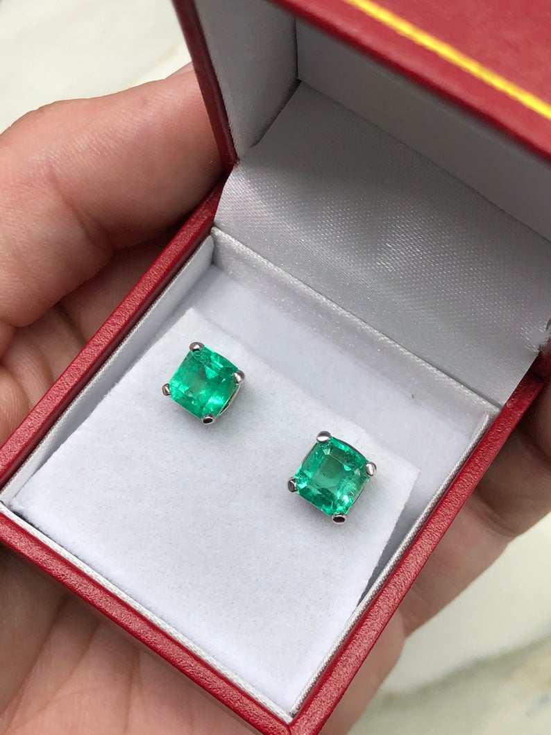 4.09tcw Asscher Cut Emerald Stud Earrings 14K White Gold