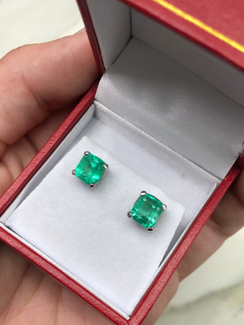 Asscher Cut Emerald Stud Earrings 14K White Gold