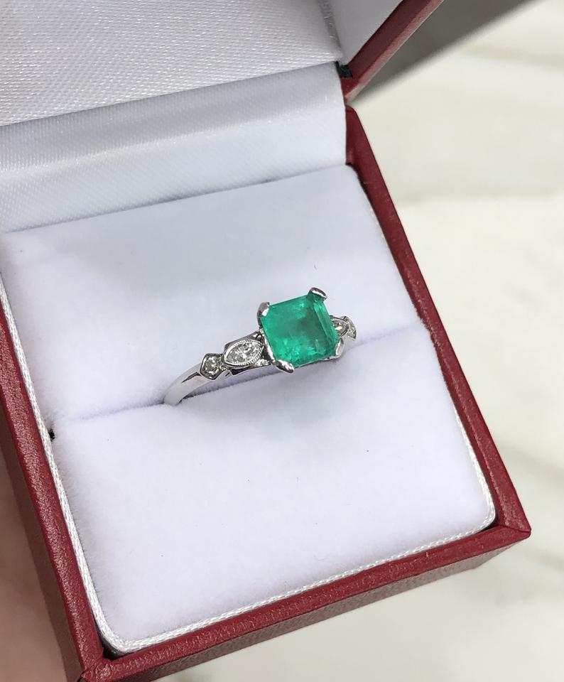 1.47tcw Asscher Rich Green Emerald & Marquise Diamond Ring 14K White Gold