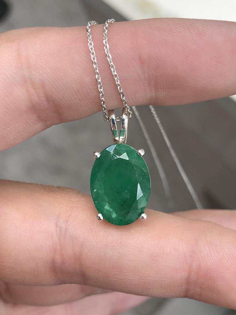 3.60cts Solitaire four prong Dark Green Oval Emerald Silver Necklace