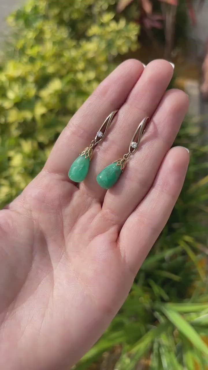 22.20tcw 14K Colombian Emerald Biolette Cabochon & Diamond Accent French Hook Earrings Video