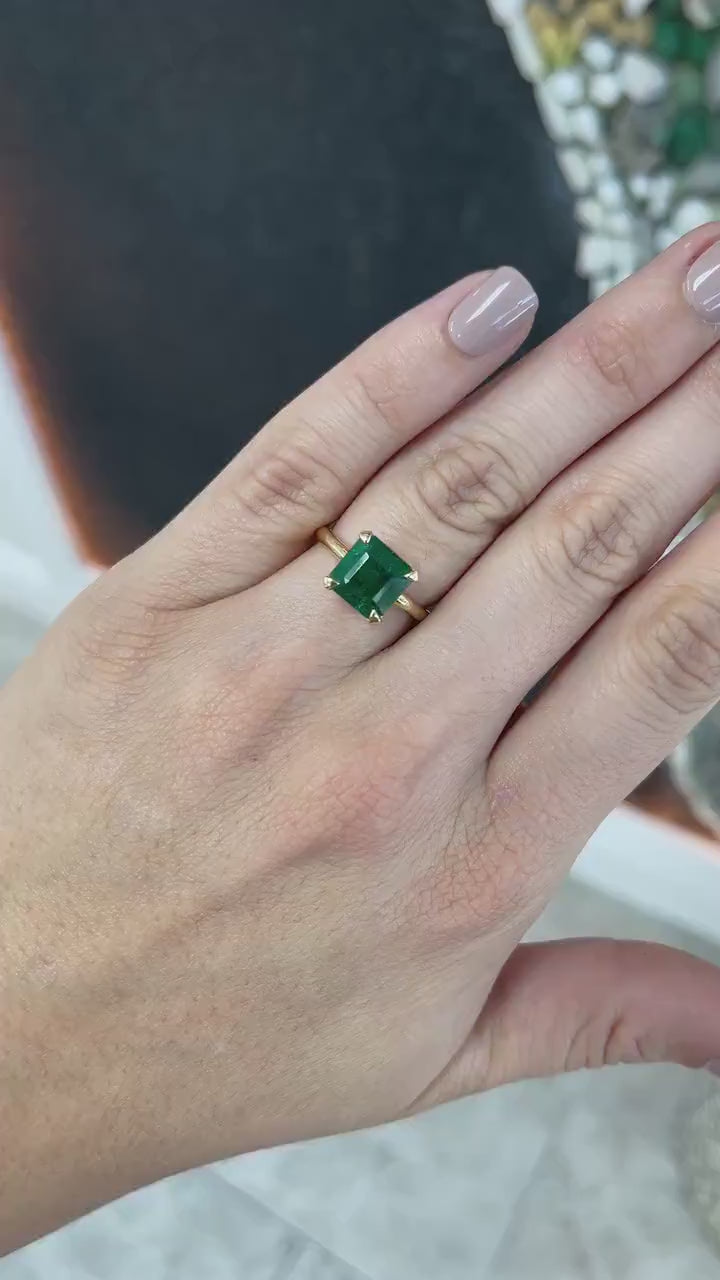 3.85ct 14K Modern Mossy Dark Green Emerald Asscher Cut Solitaire Four Prong Gold Engagement Ring