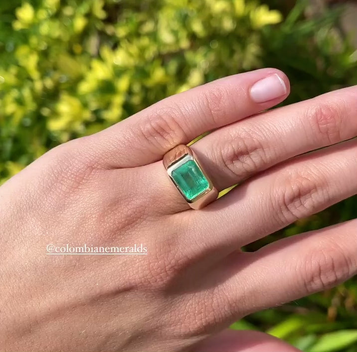 3.68cts Bezel Set Emerald Cut Colombian Emerald Solitaire Signet Pinky Ring 14K