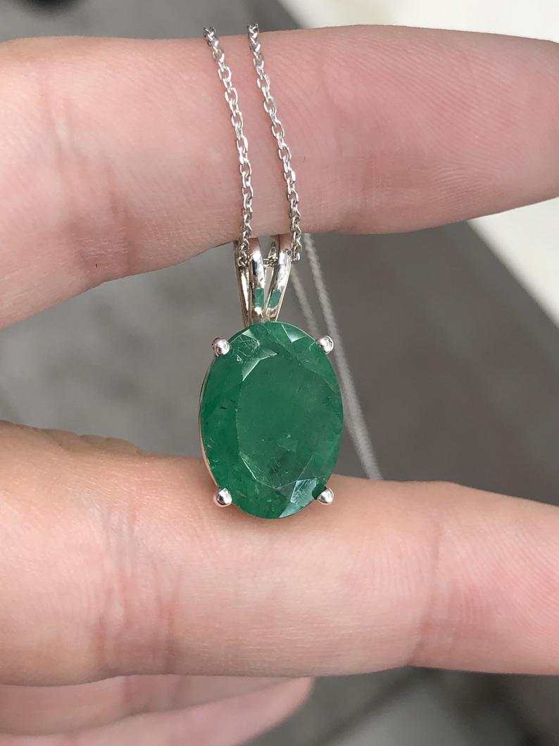 3.60cts Solitaire four prong Dark Green Oval Emerald Silver Necklace