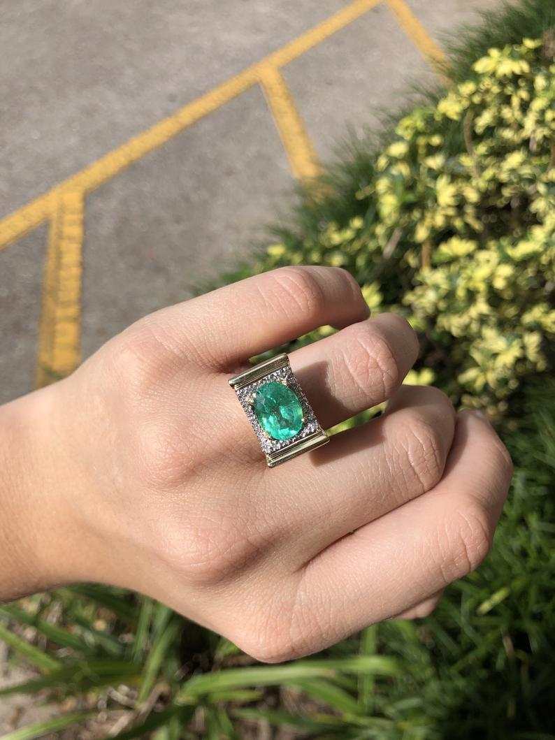 6.08tcw Diamond Natural Emerald Oval Cluster Vintage Ring 14K