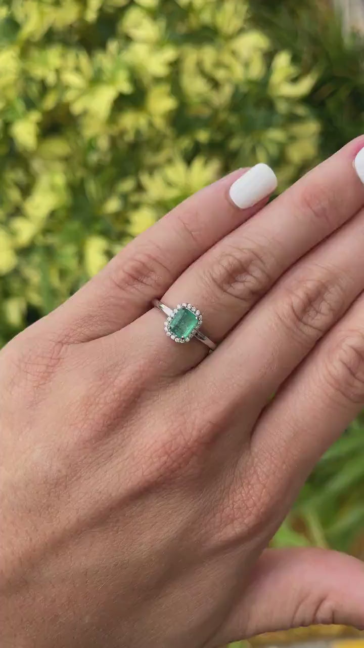 Dazzling Brilliance: 1.21tcw Natural Emerald Cut & Diamond Halo Ring - 14K White Gold Beauty