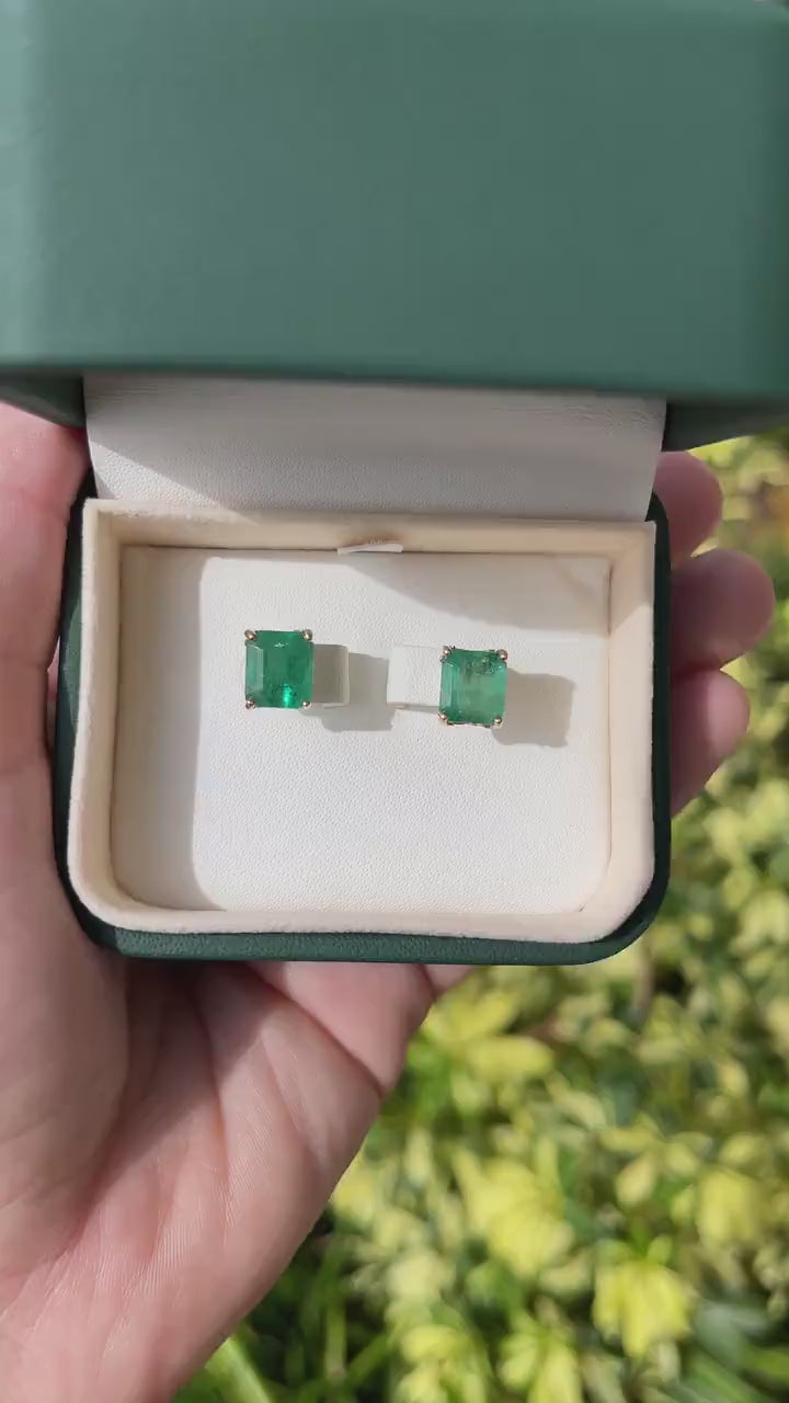 6.0tcw 14K Big Asscher Cut Rich Green Classic Emerald Solitaire May Birthstone Natural Stud Earrings