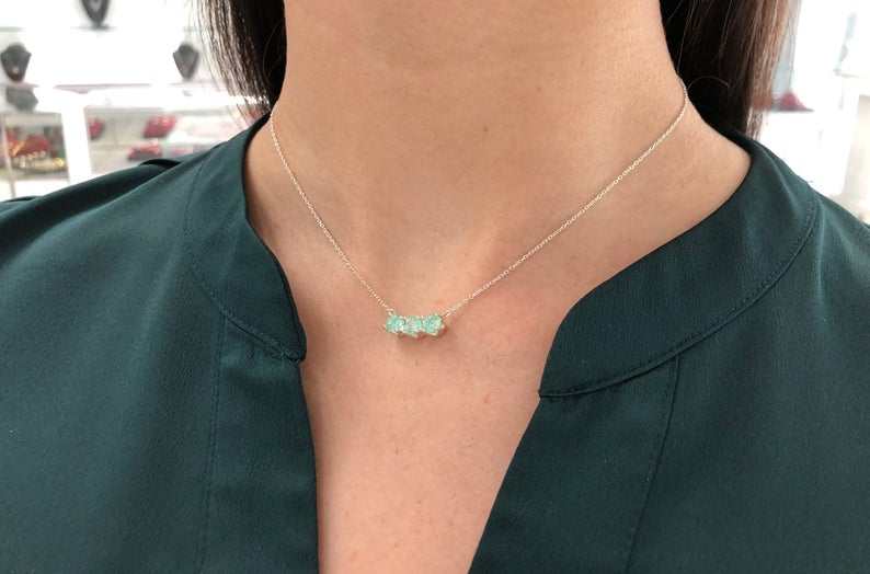 1.65tcw Three Stone Round Emerald Silver Prong Necklace