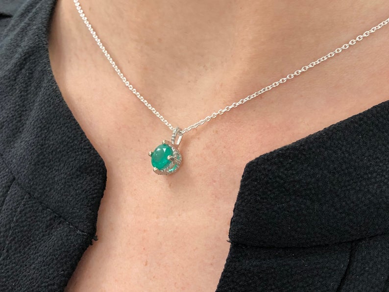 Round Emerald & Diamond Accents Pendant 14K