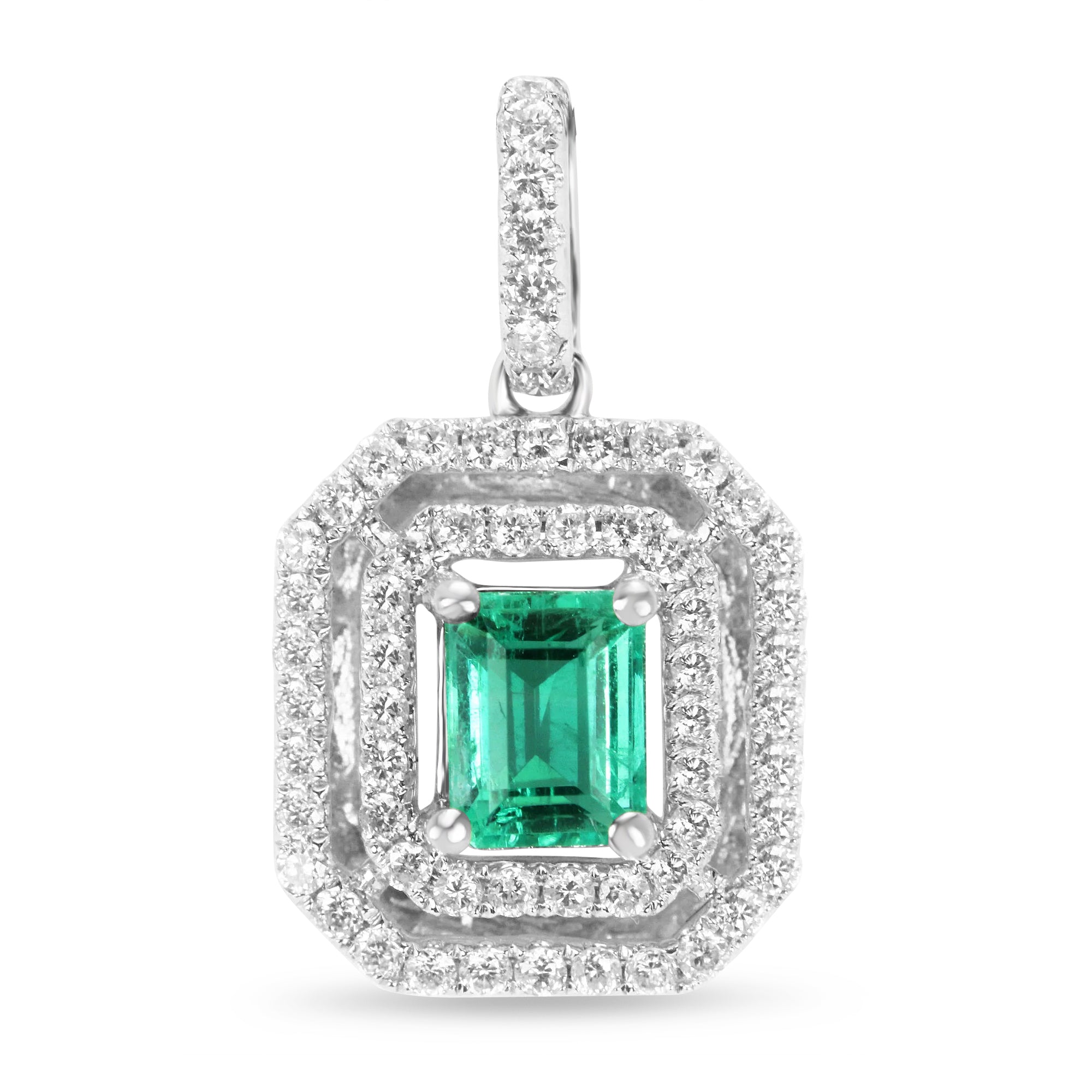 1.0tcw Colombian Emerald & Diamond Double Halo Necklace 14K - JR Colombian Emeralds