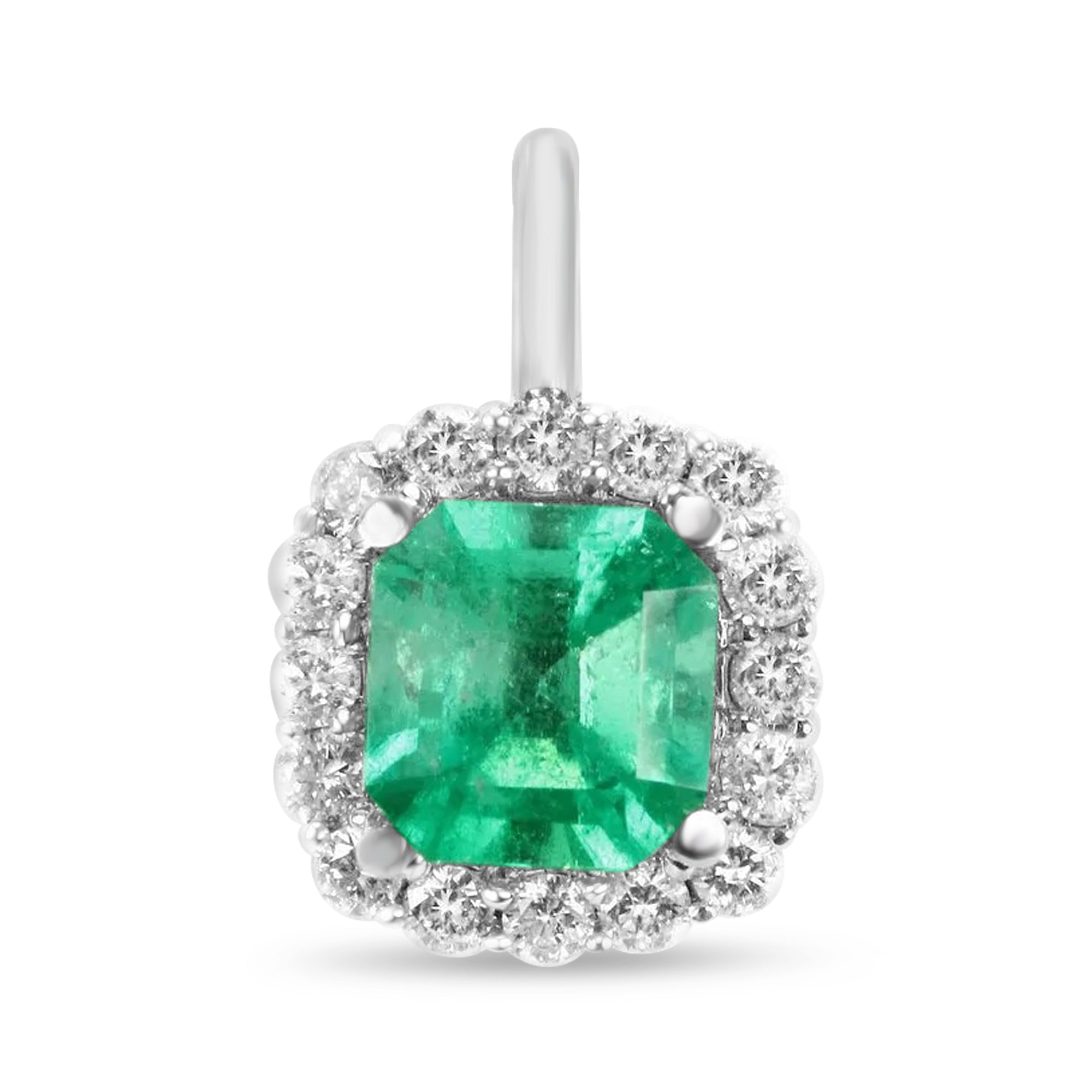 1.75tcw Asscher Cut Electric Green Colombian Emerald & Diamond Halo Necklace 14K - JR Colombian Emeralds