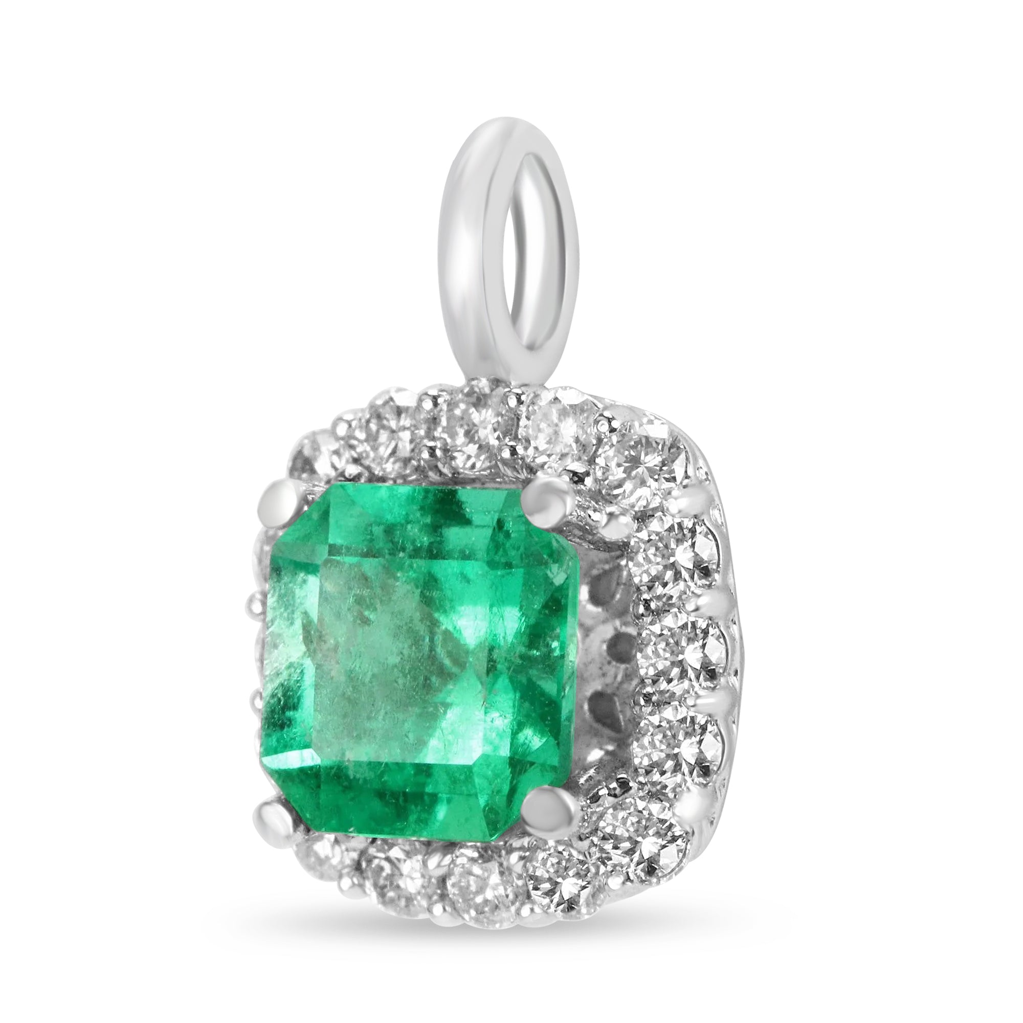 1.75tcw Asscher Cut Electric Green Colombian Emerald & Diamond Halo Necklace 14K - JR Colombian Emeralds