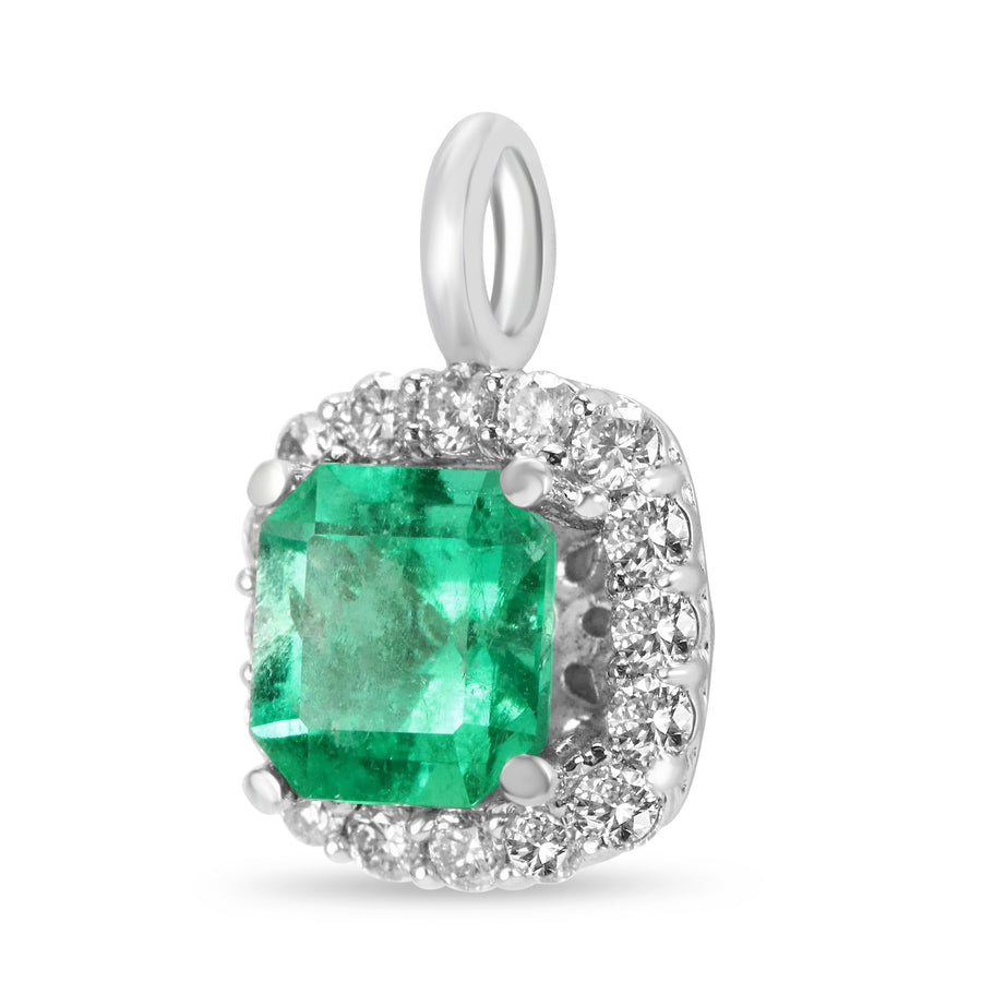 1.75tcw Asscher Cut Electric Green Colombian Emerald & Diamond Halo Necklace 14K
