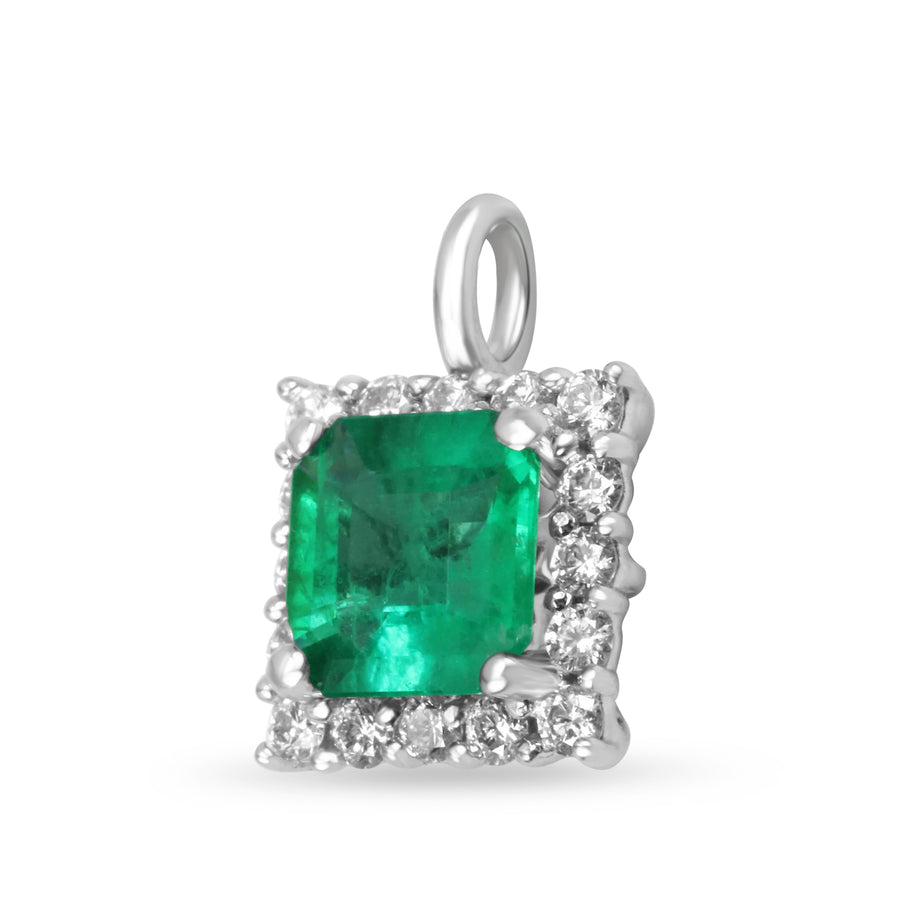1.50tcw Deep Green Square Emerald & Round Diamond Halo Necklace 14K White Gold