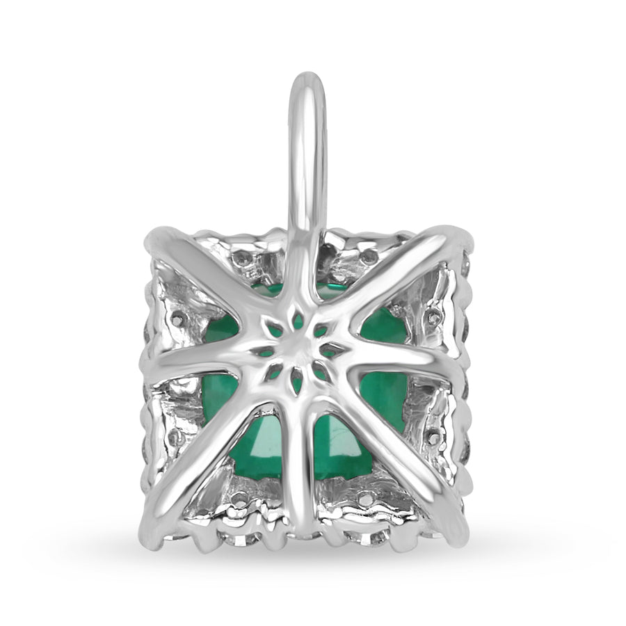 1.50tcw Deep Green Square Emerald & Round Diamond Halo Necklace 14K White Gold