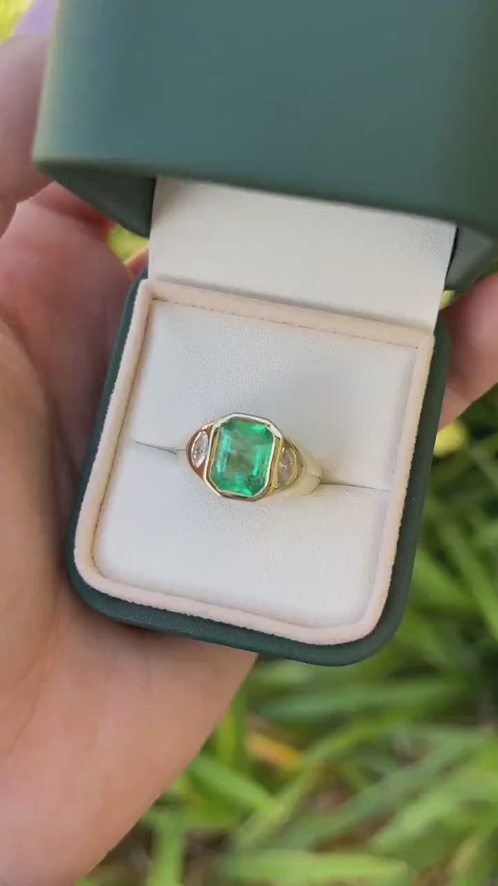 2.80tcw 18K Vivid Medium Green Natural Emerald Cut & Marquise Diamond 3 Stone Bezel Ring