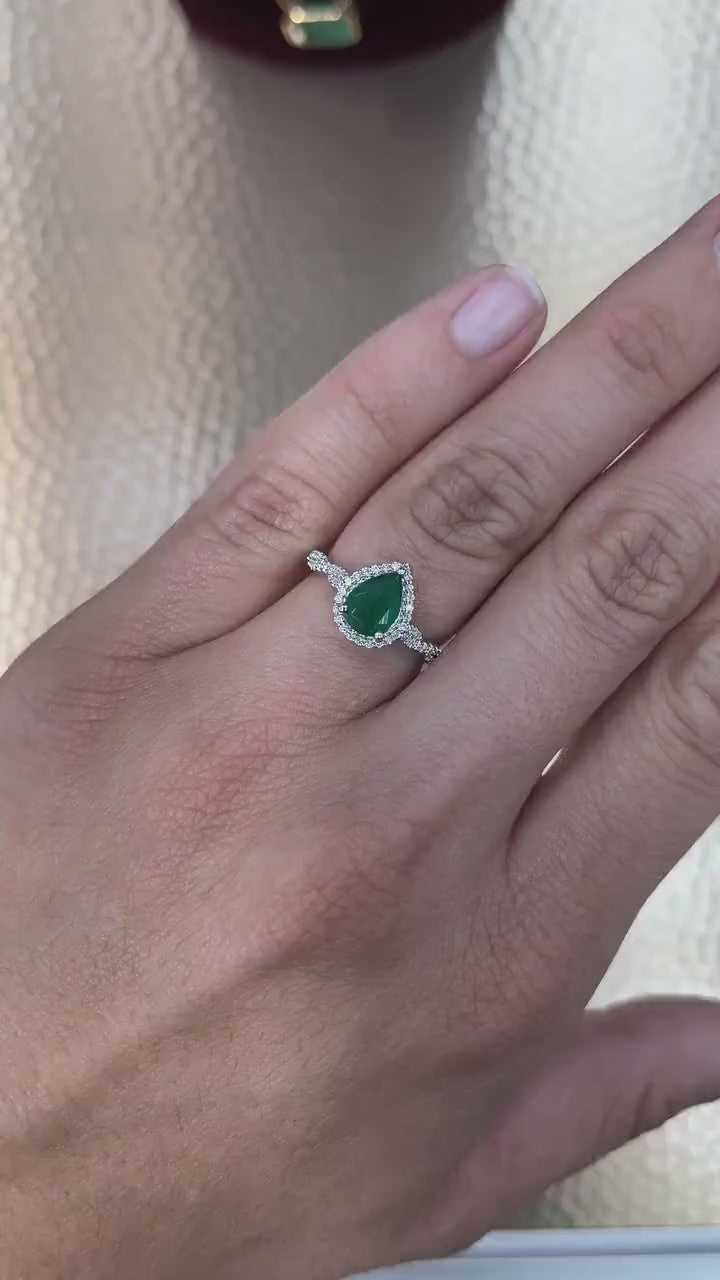 1.30tcw Natural Emerald-Pear Cut & Diamond Halo Accent Engagement 14K White Gold Ring