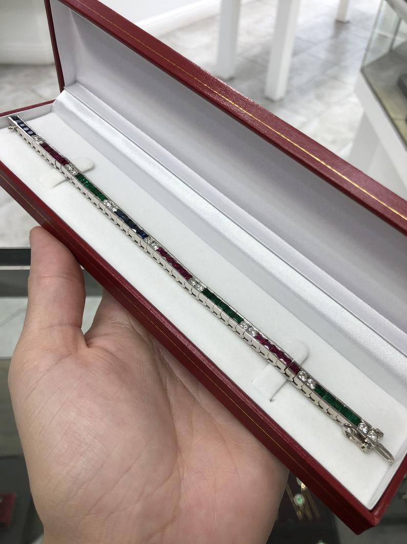 Estate Ruby-Emerald-Sapphire-Diamond Set Tennis Bracelets
