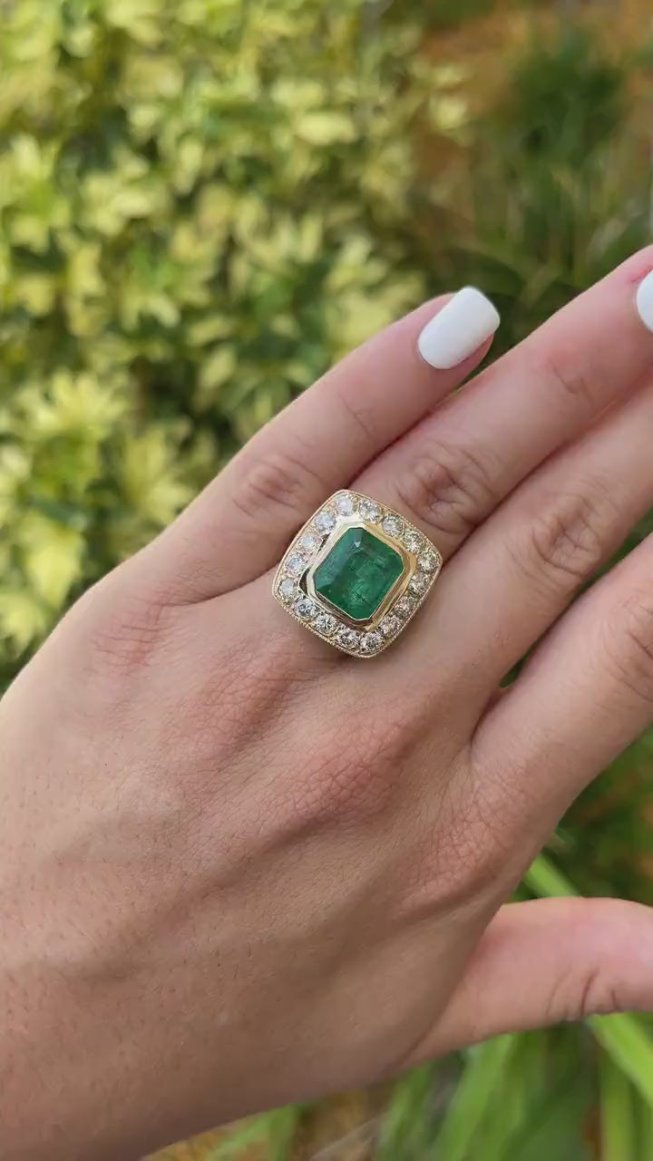 9.50tcw 14K-18K Large Heirloom Emerald Cut & VS Diamond Bezel Cocktail Halo Big Ring