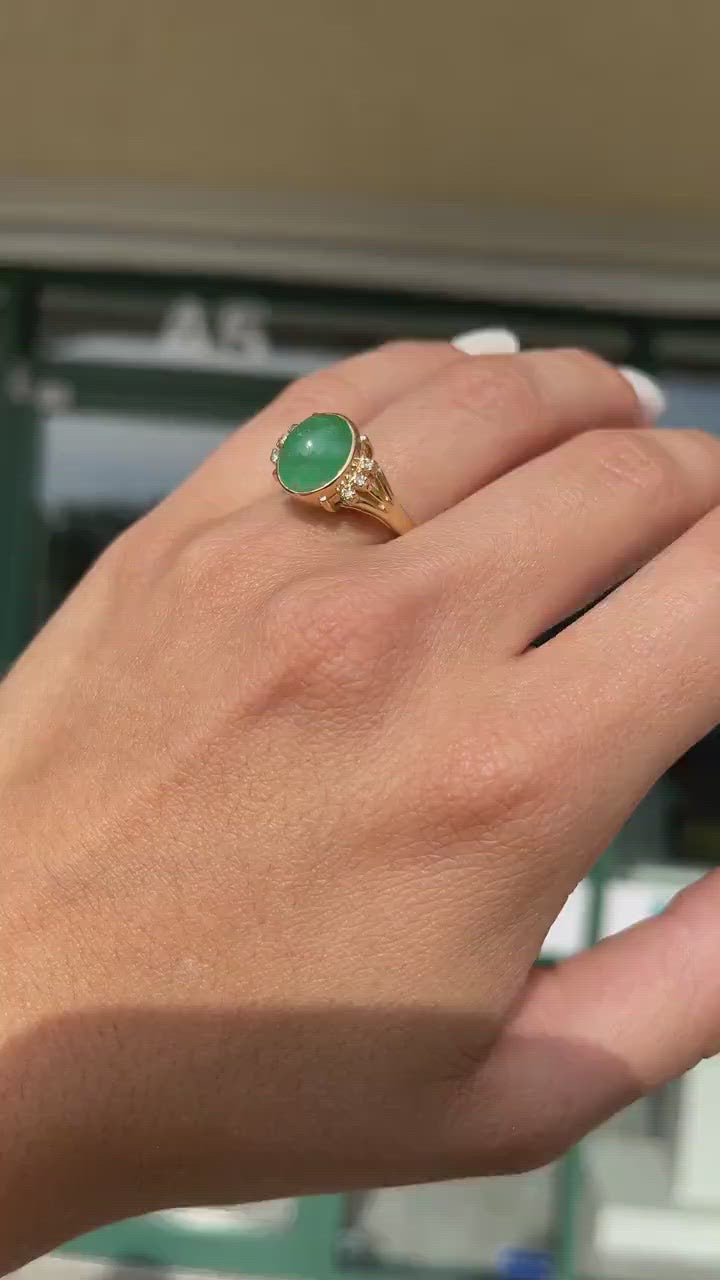 3.36tcw 14K Natural Emerald Oval Cut Cabochon and Diamond Statement Ring Video