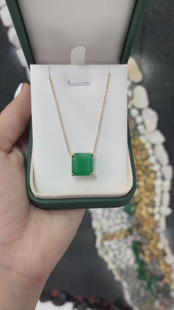 10.50 Carat 14K Gold Deep Green Large 14x14 Solitaire Square Emerald Stationary Anniversary Necklace