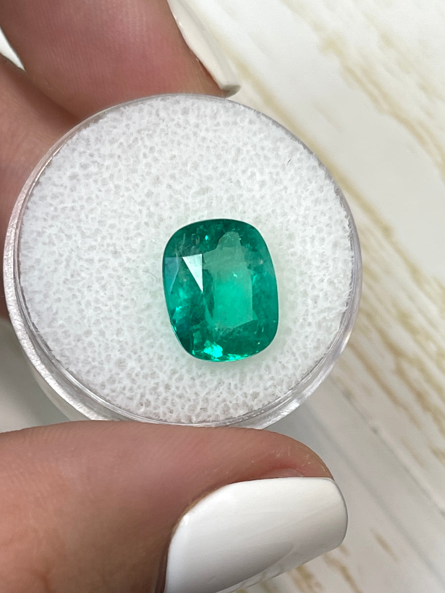 Bluish Green Colombian Emerald: 4.11 Carats, Cushion Cut, 11.5x9mm Size, Genuine Gemstone