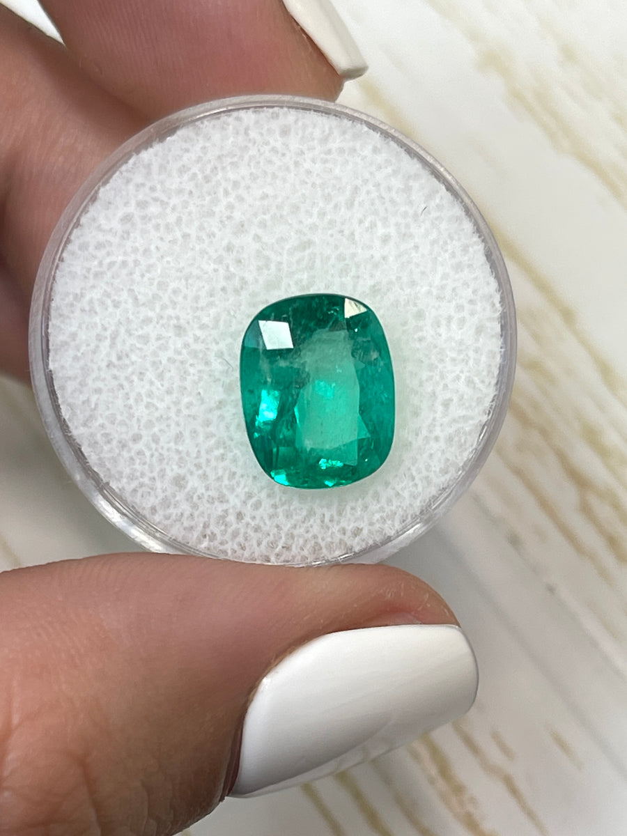 Fine Quality Bluish-Green Colombian Emerald: 4.11 Carat Cushion-Cut, 11.5x9mm Dimensions