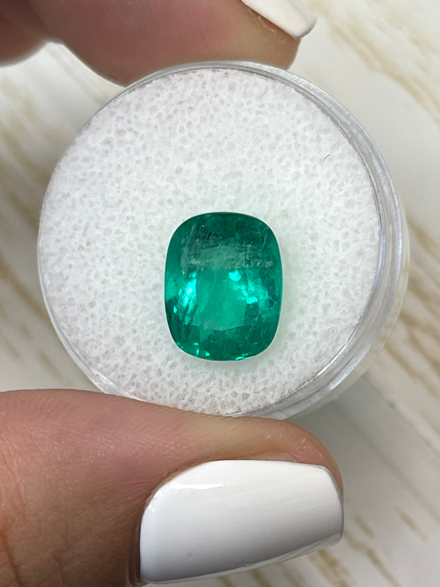 4.11 Carat Colombian Emerald Gem: Cushion Shape, 11.5x9mm Size, Beautiful Bluish-Green Color