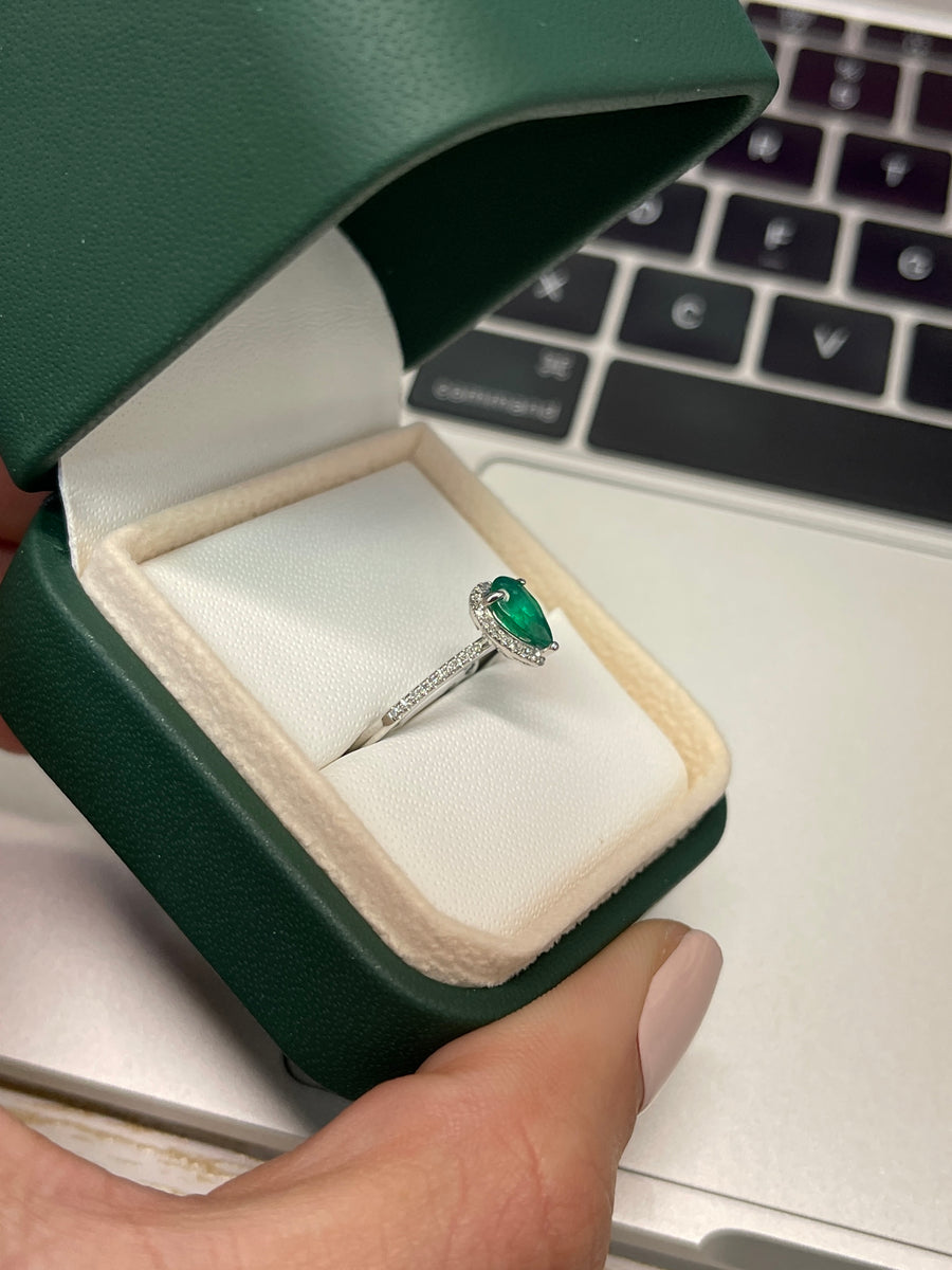 Exquisite Beauty: 1.10tcw Pear Emerald & Diamond Engagement Ring - Elegant 14K Setting