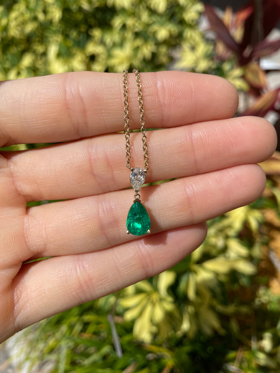 2.58tcw AAA+ Colombian Emerald & Diamond Teardrop Pear Dangle Necklace 18K