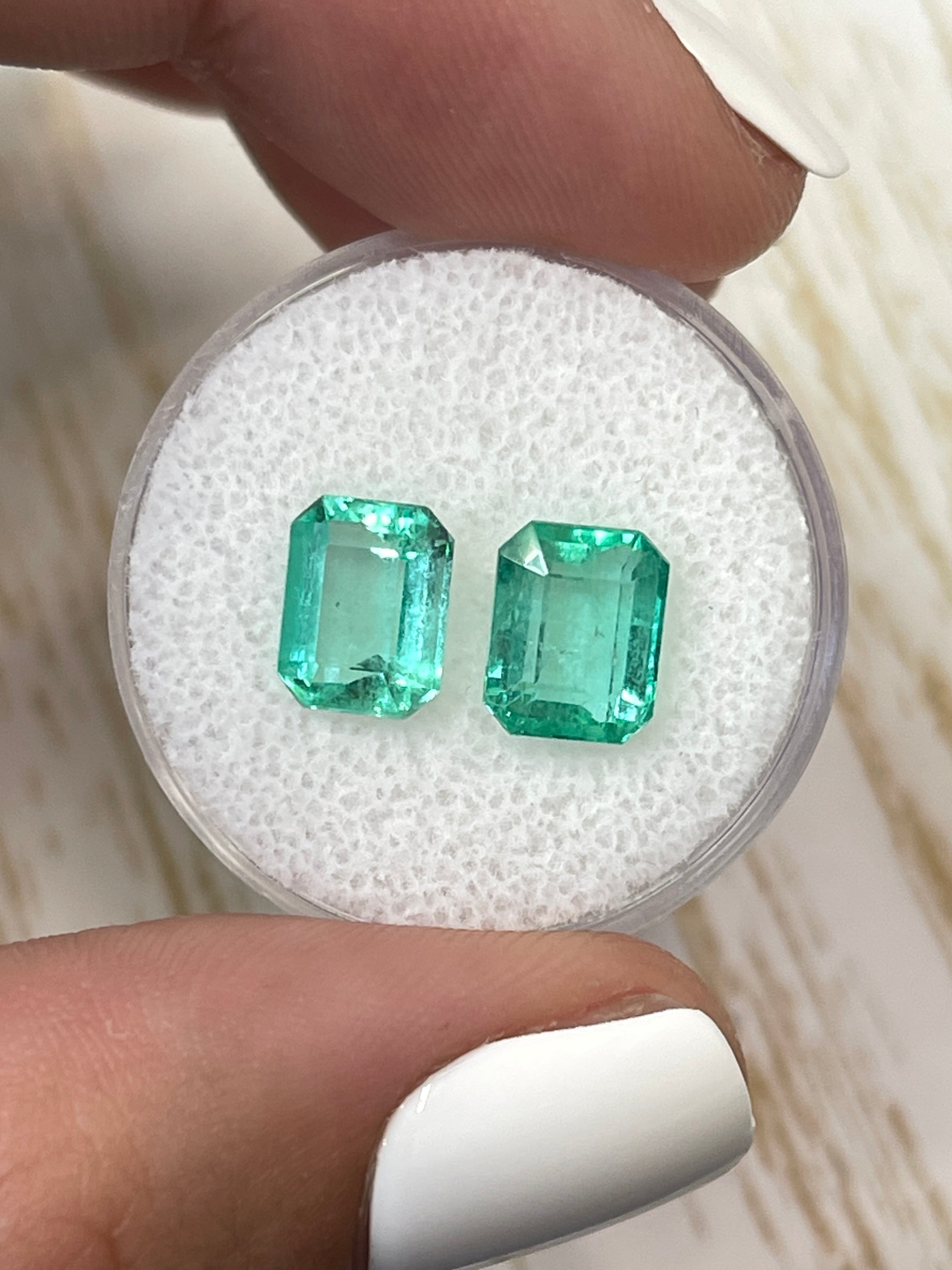 Pair of 4.06 Carat Colombian Emeralds - Emerald Cut Style, Identical Green Hue, 8.5x6.5 Dimensions