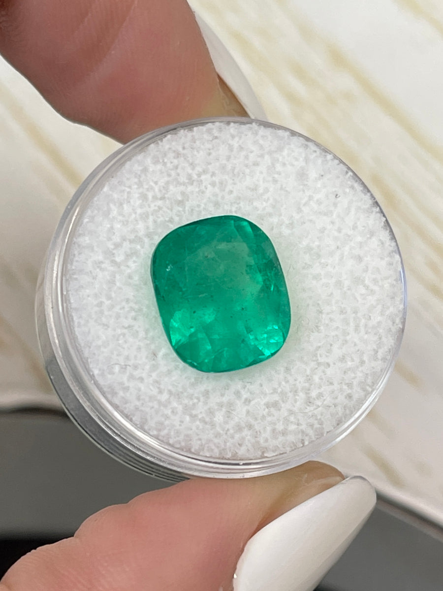 12x10 Cushion Shaped Colombian Emerald - Genuine Bluish Green Gem, 5.69 Carats