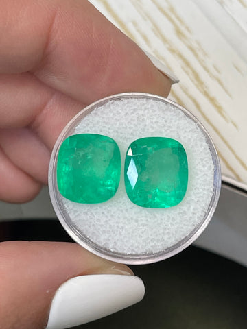 Pair of 11.11 Carat Total Weight Cushion-Cut Colombian Emeralds