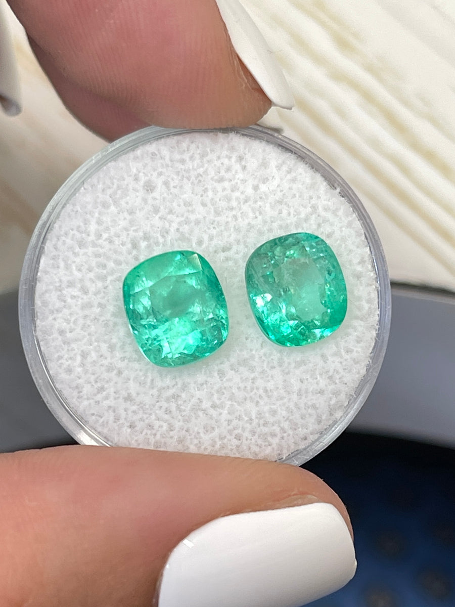 Matching Light Blue-Green Colombian Emeralds - 5.11tcw - Cushion Cut Stones