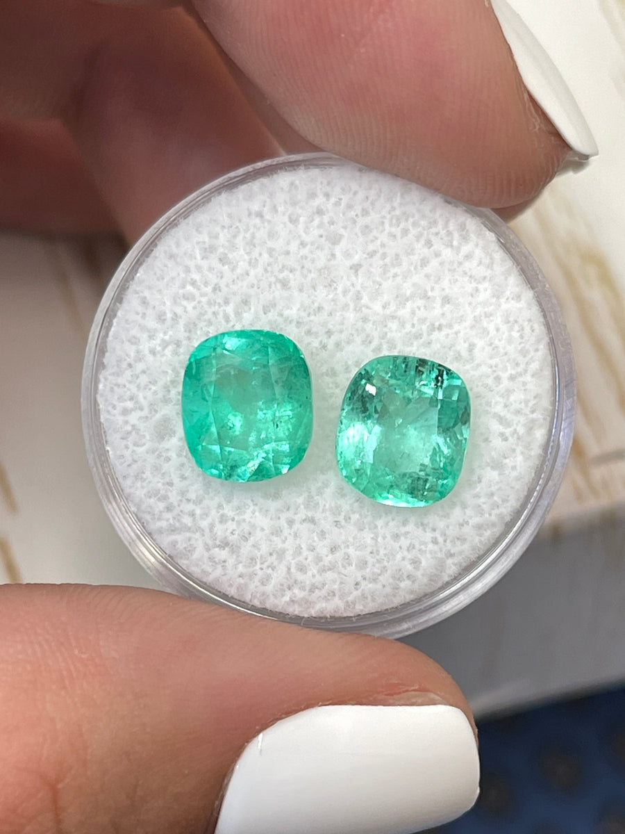Pair of 5.61 Total Carat Weight Cushion-Cut Colombian Emeralds in a Beautiful Light Bluish Green Shade