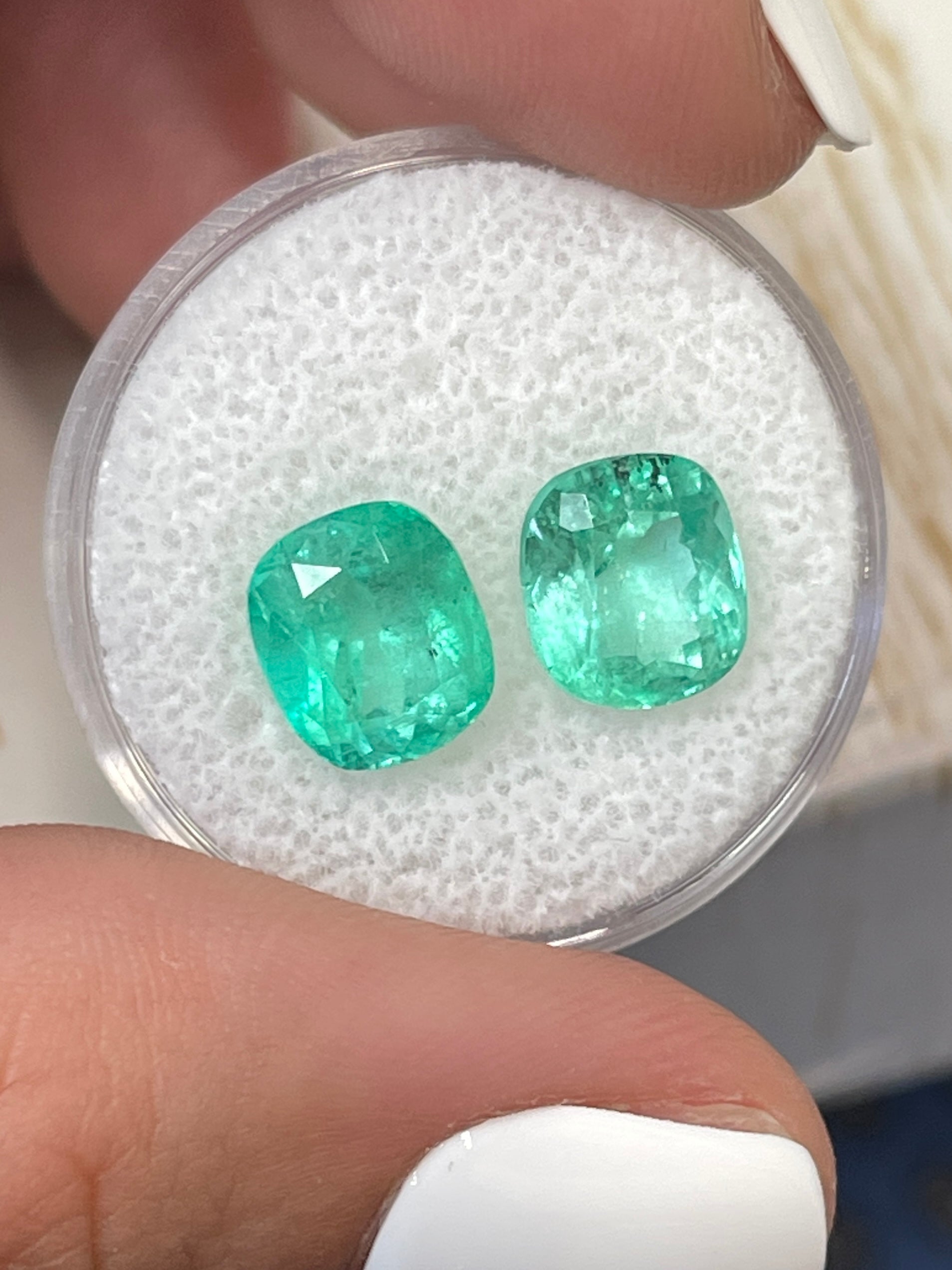 5.61 Carat Light Bluish Green Cushion-Cut Colombian Emerald Pair - 9x8mm Each