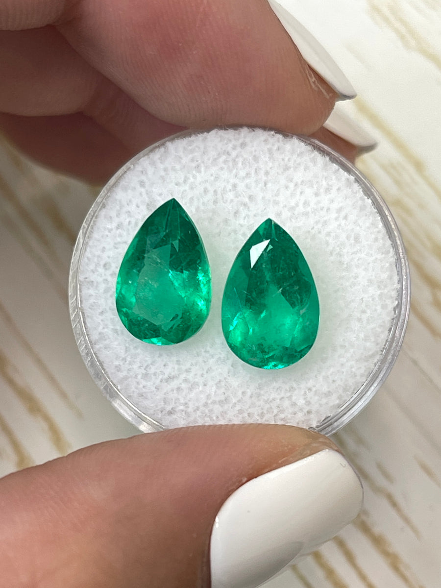 Colombian Emerald Pair - Two 6.37 Carat Pear Cut Gems, 12.5x8mm, Brilliant Green