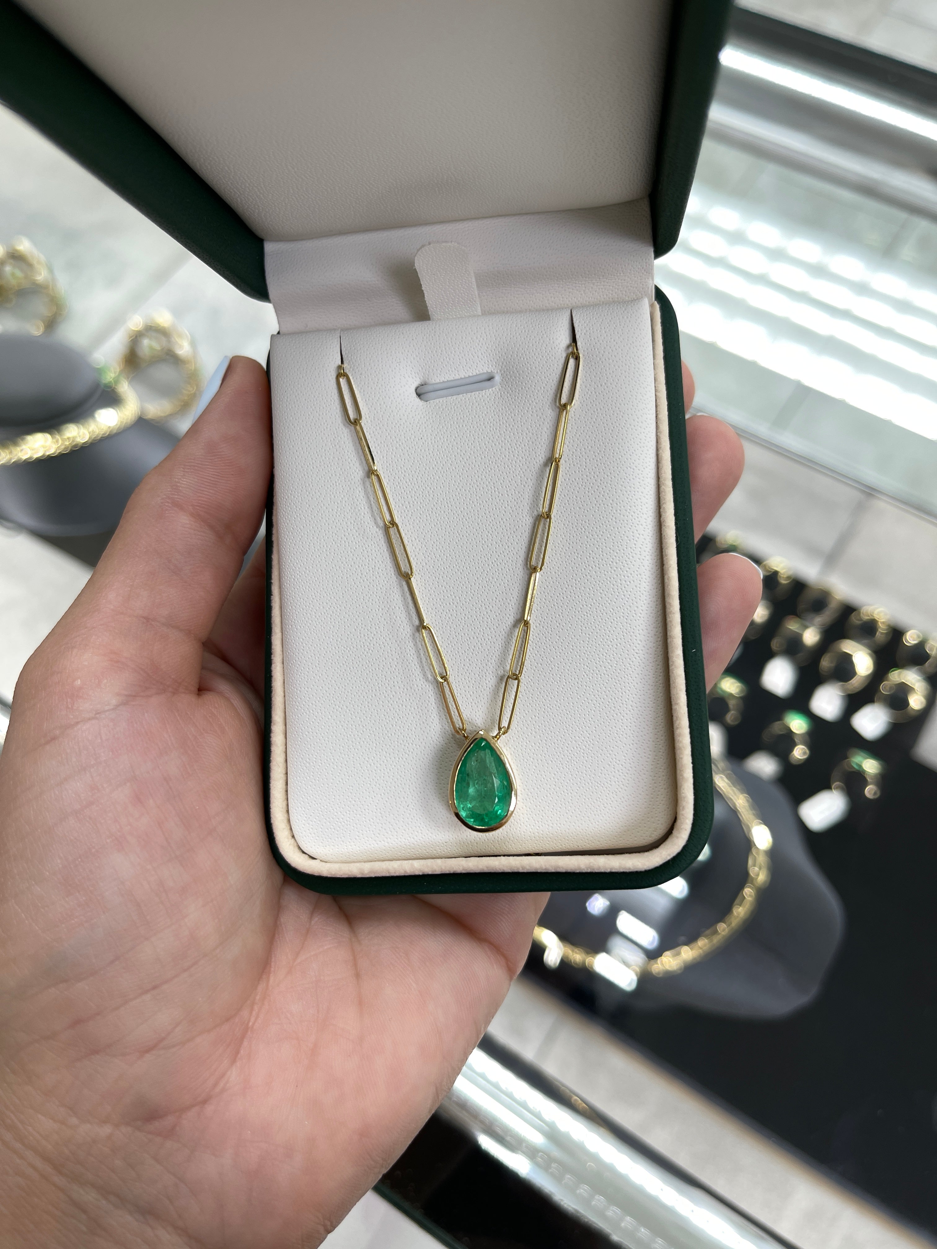 4.55cts Bezel Set Pear Colombian Emerald Solitaire Paperclip Necklace - JR Colombian Emeralds