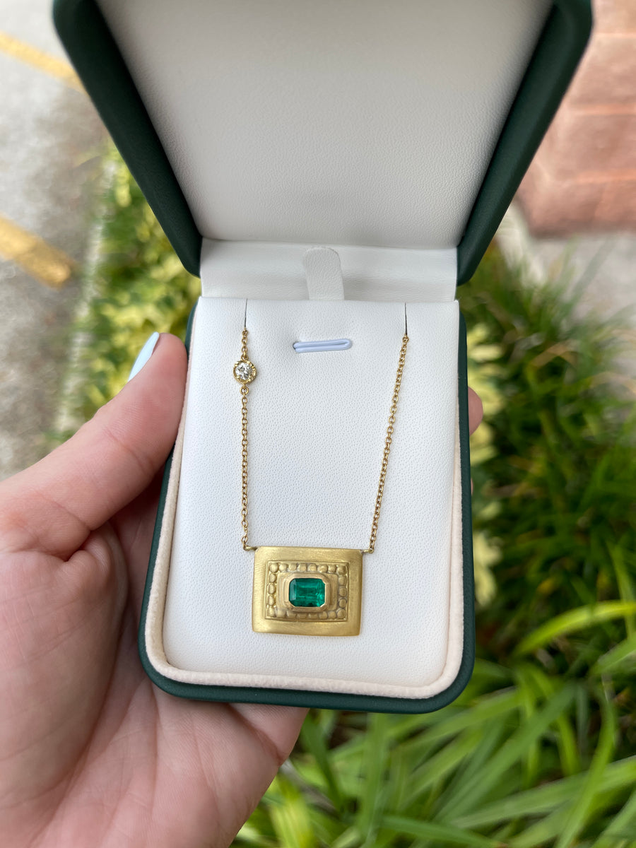 1.95tcw Colombian Emerald Bezel Set Emerald Cut Solitaire Necklace 18K