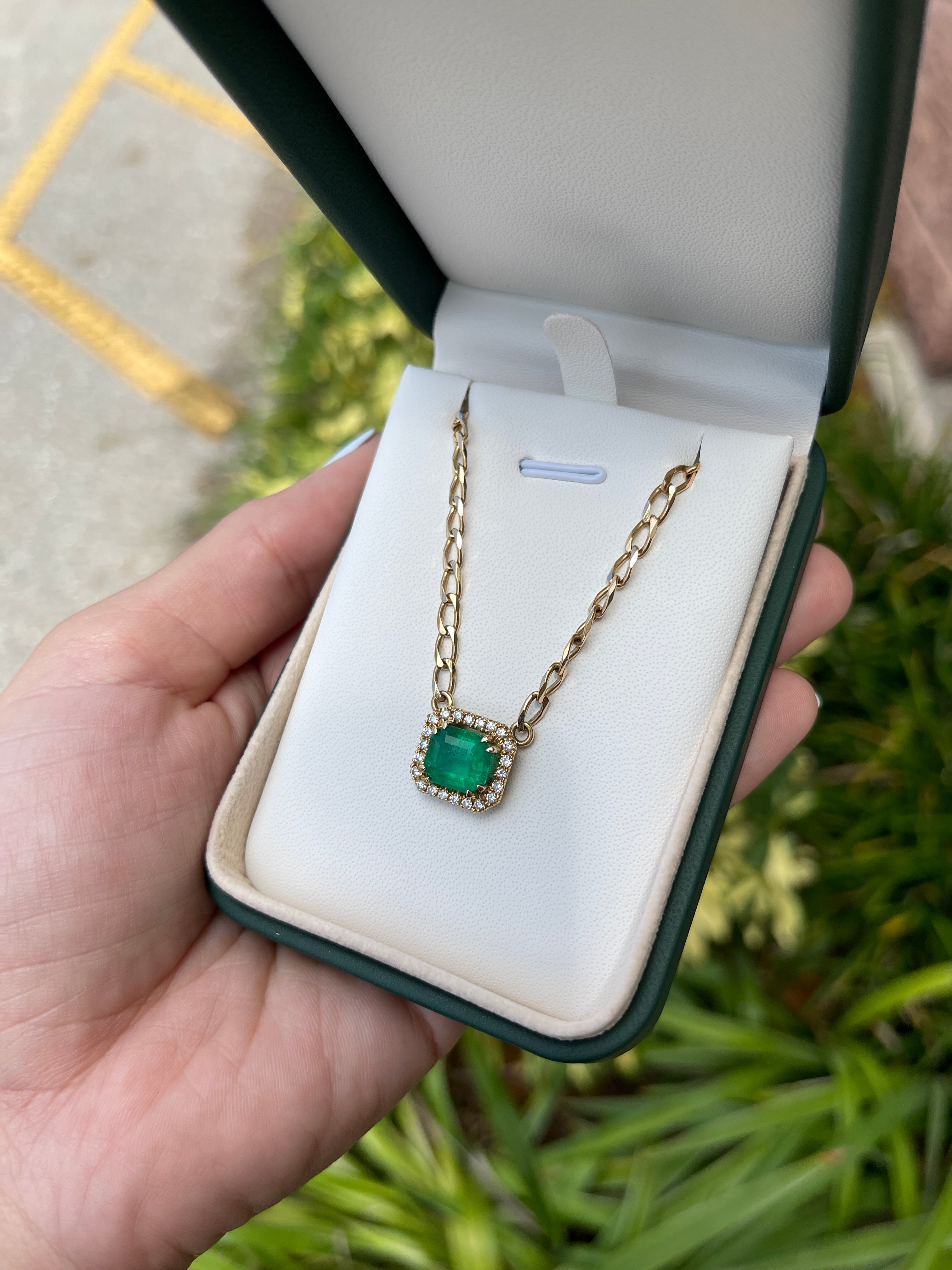 3.19tcw Colombian Emerald Pendant with Diamond Halo in 18k Gold