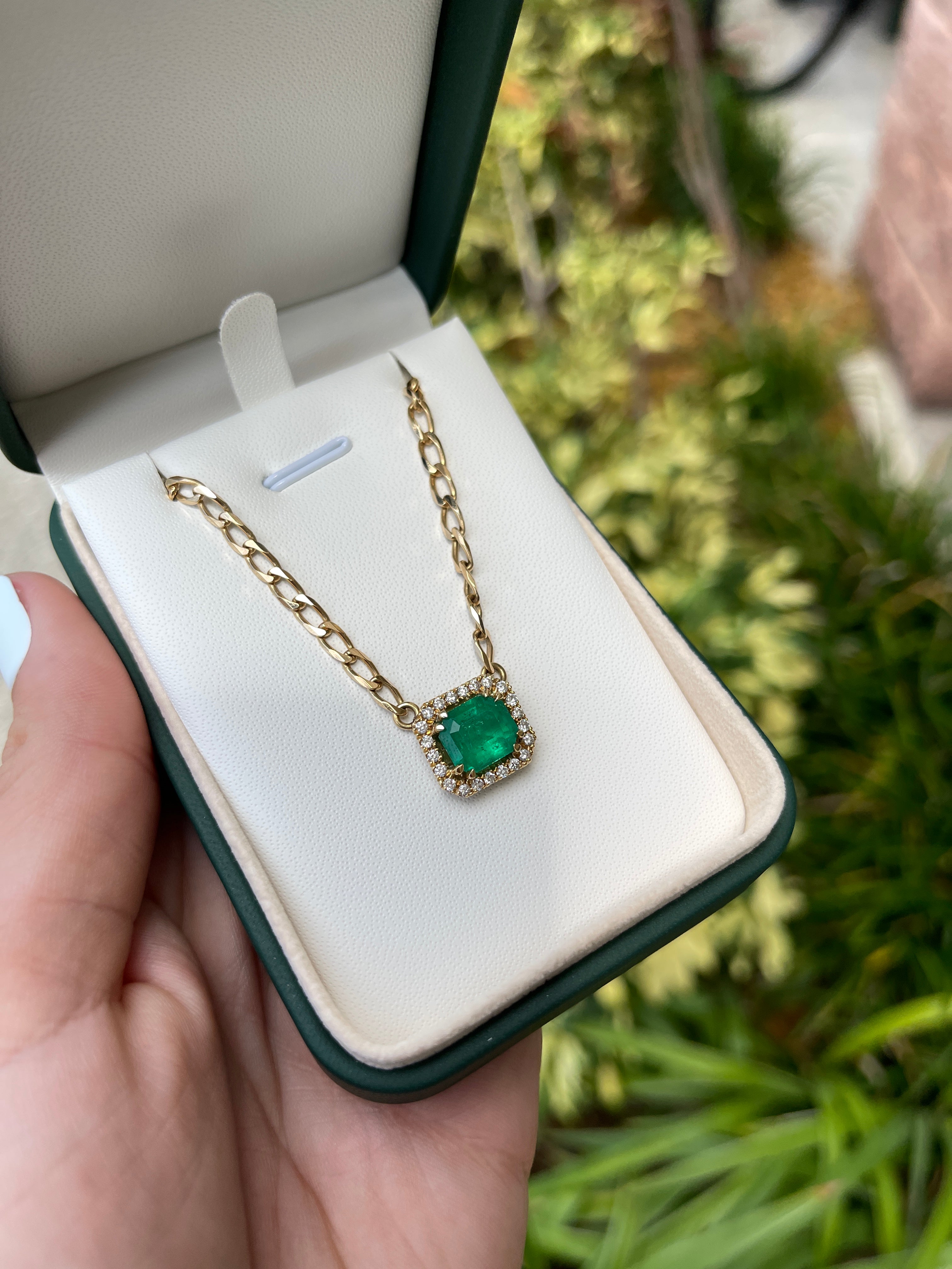 Rare Green Colombian Emerald & Diamond Halo Pendant in 18k Gold