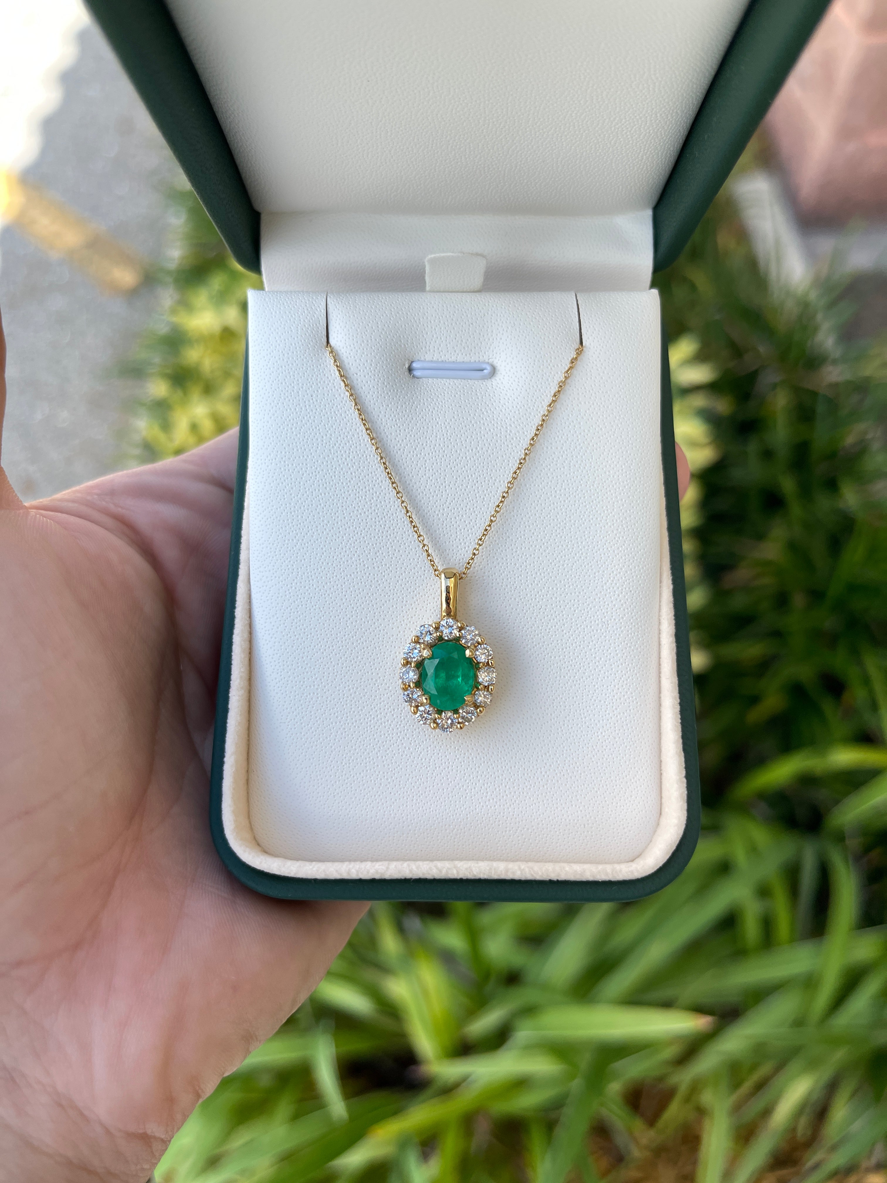 Fine Quality 3.88tcw Oval Dark Green Genuine Colombian Emerald & Diamond Pendant Halo 18K Gold