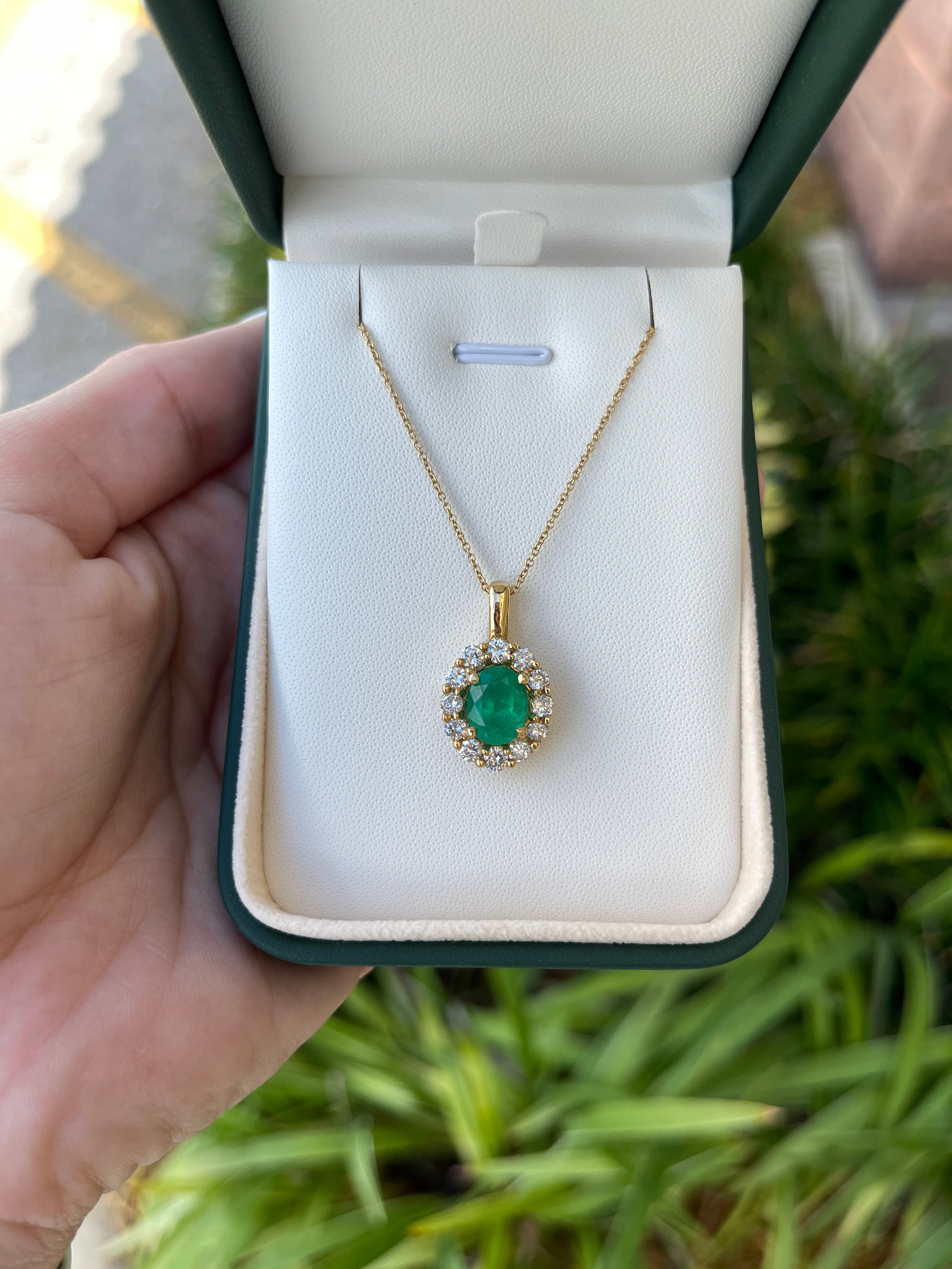 Top Quality 3.88tcw Oval Dark Green Natural Colombian Emerald & Diamond Pendant Halo 18K